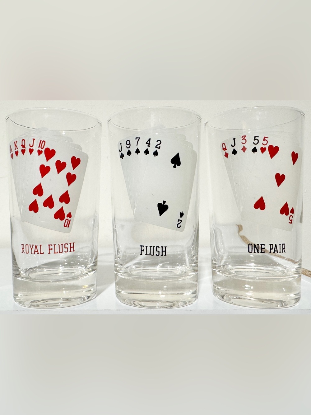 3 Mid Century Modern Poker Hands High Ball Glasses Royal Flush Two Pair 5” Tall
